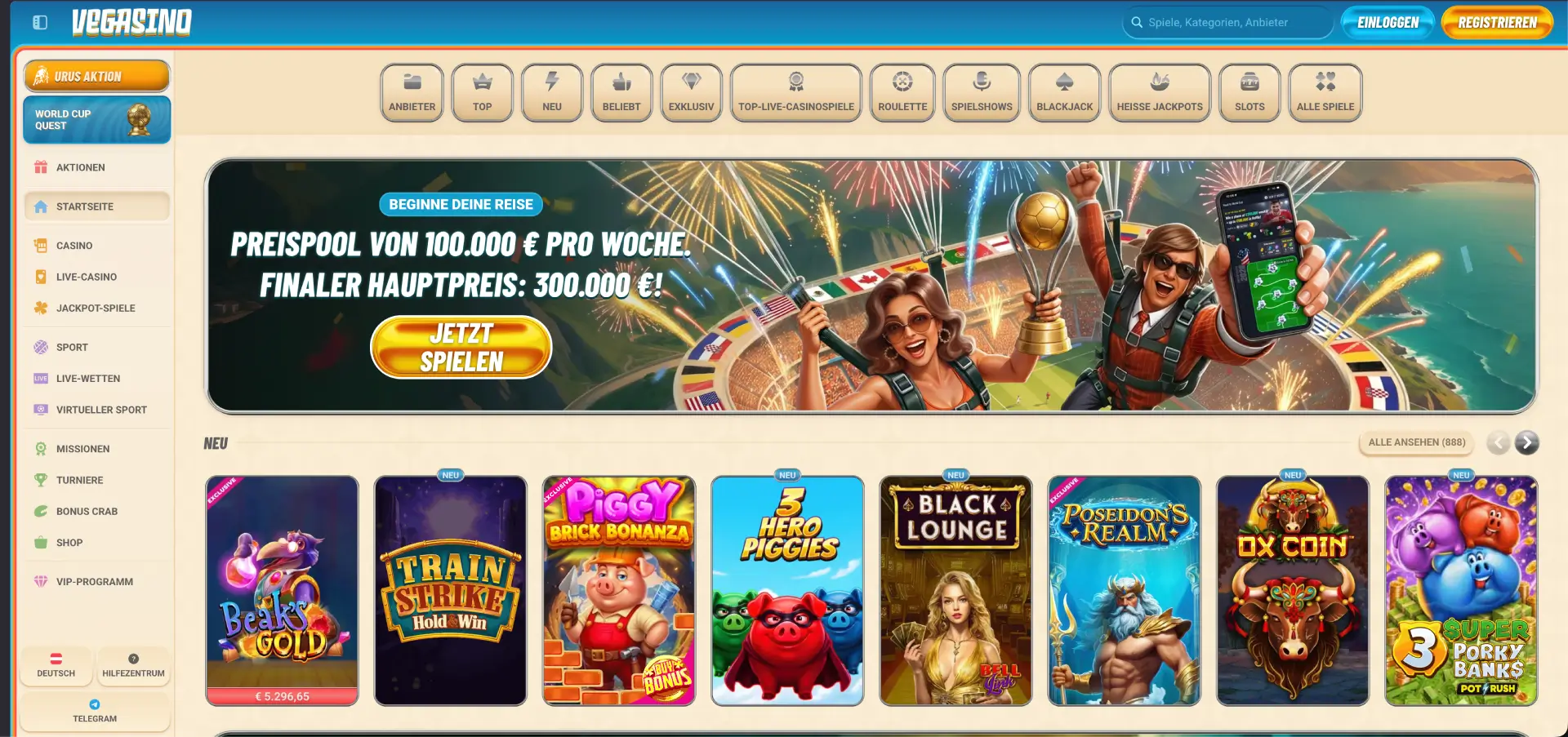 Vegasino Casino Lobby mit Slots Kategorien und World Cup Quest Banner