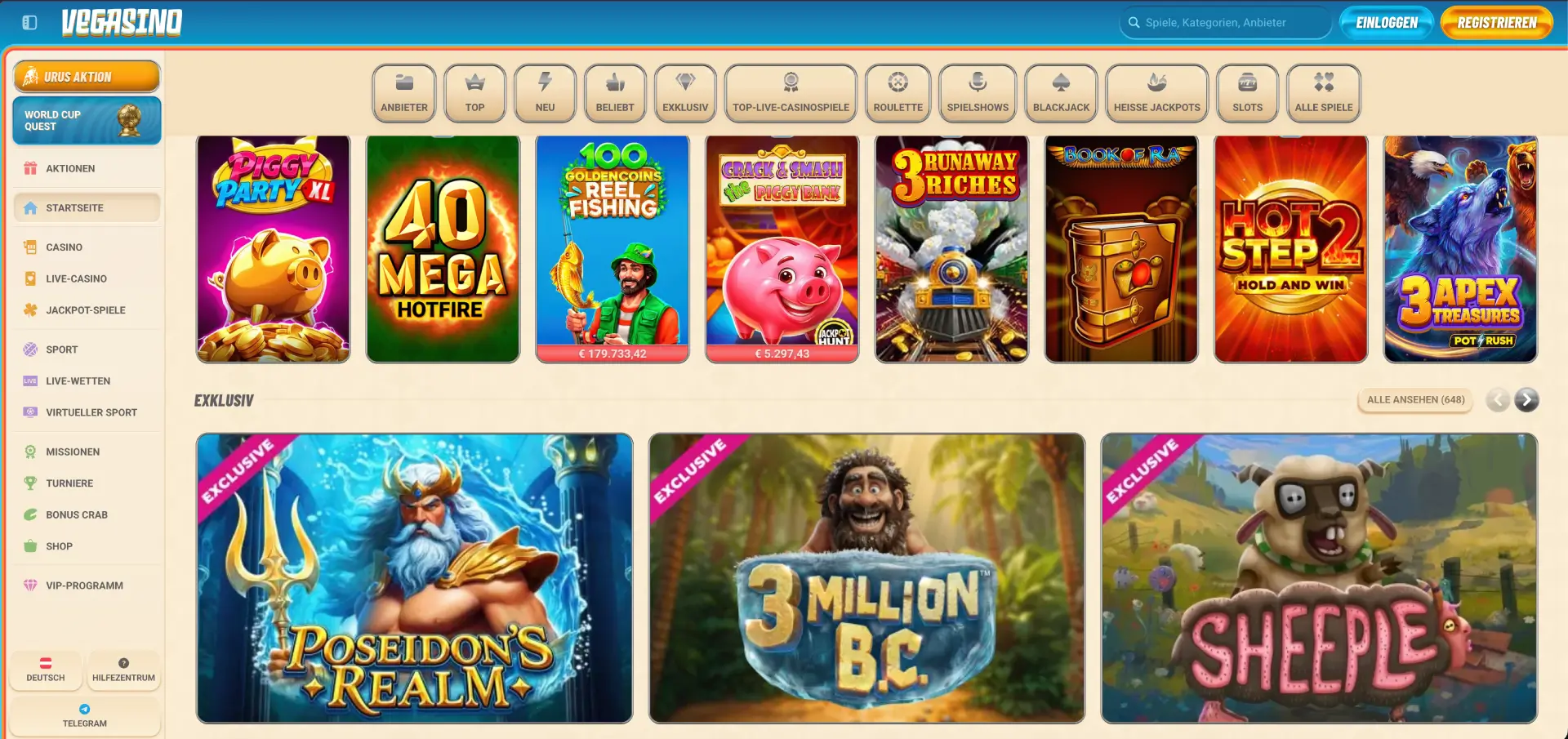 Vegasino Casino Bonus ohne Einzahlung und Bonus Crab Aktionen